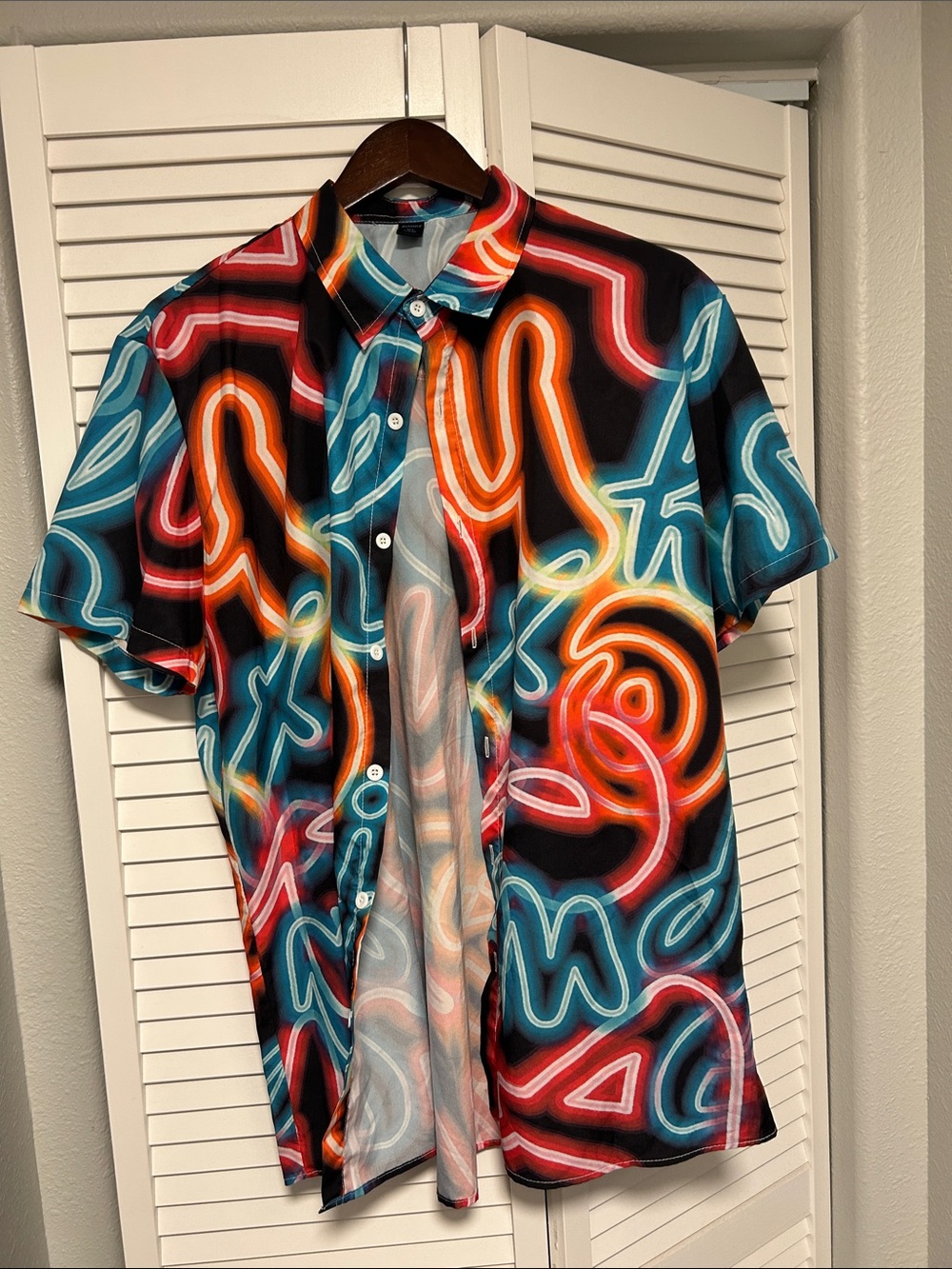 Men's Short-Sleeve Neon Print Button-Down Shirt - Black Multi